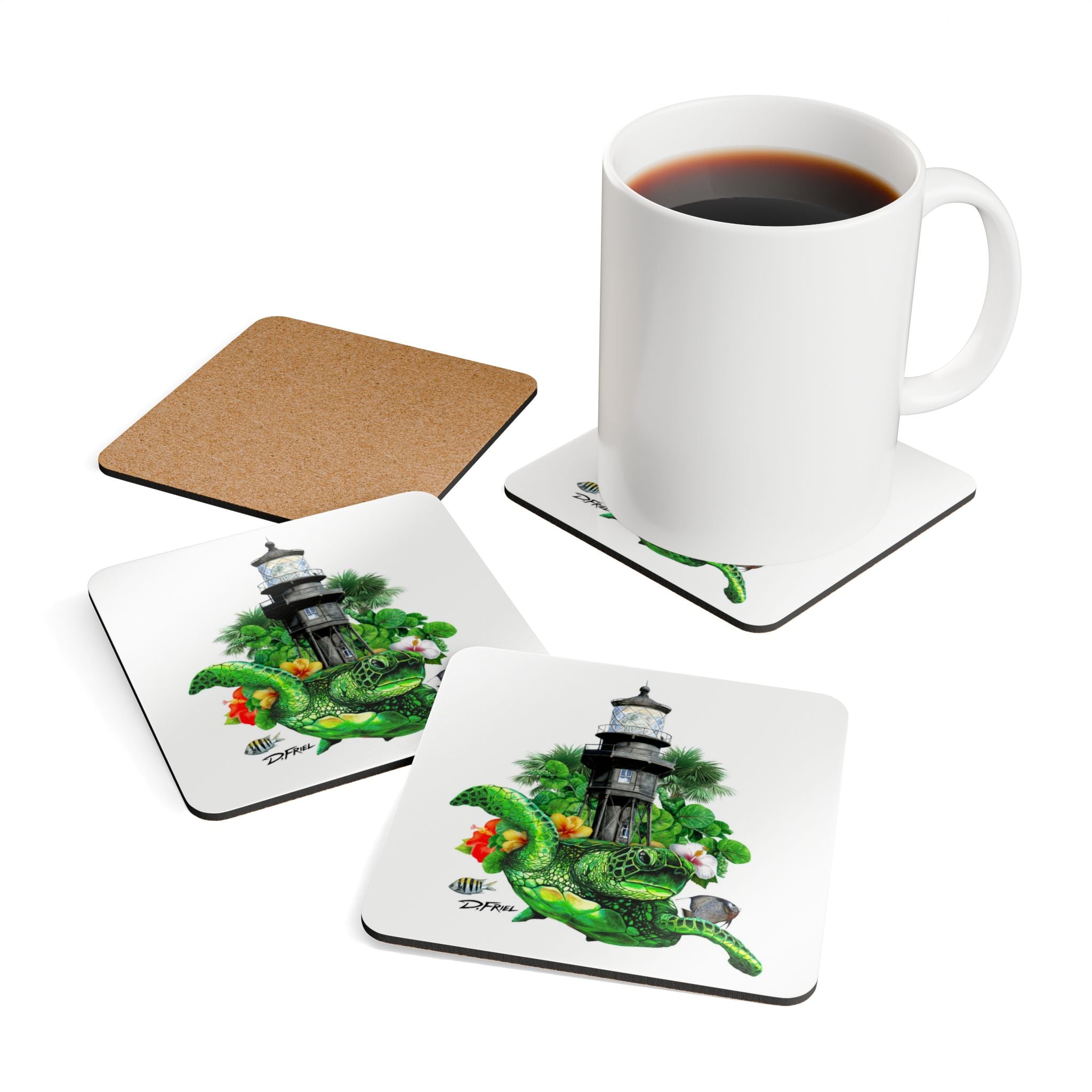 Hillsboro Lighthouse Turtle Cork Coasters — Set of 4 Drink Coasters