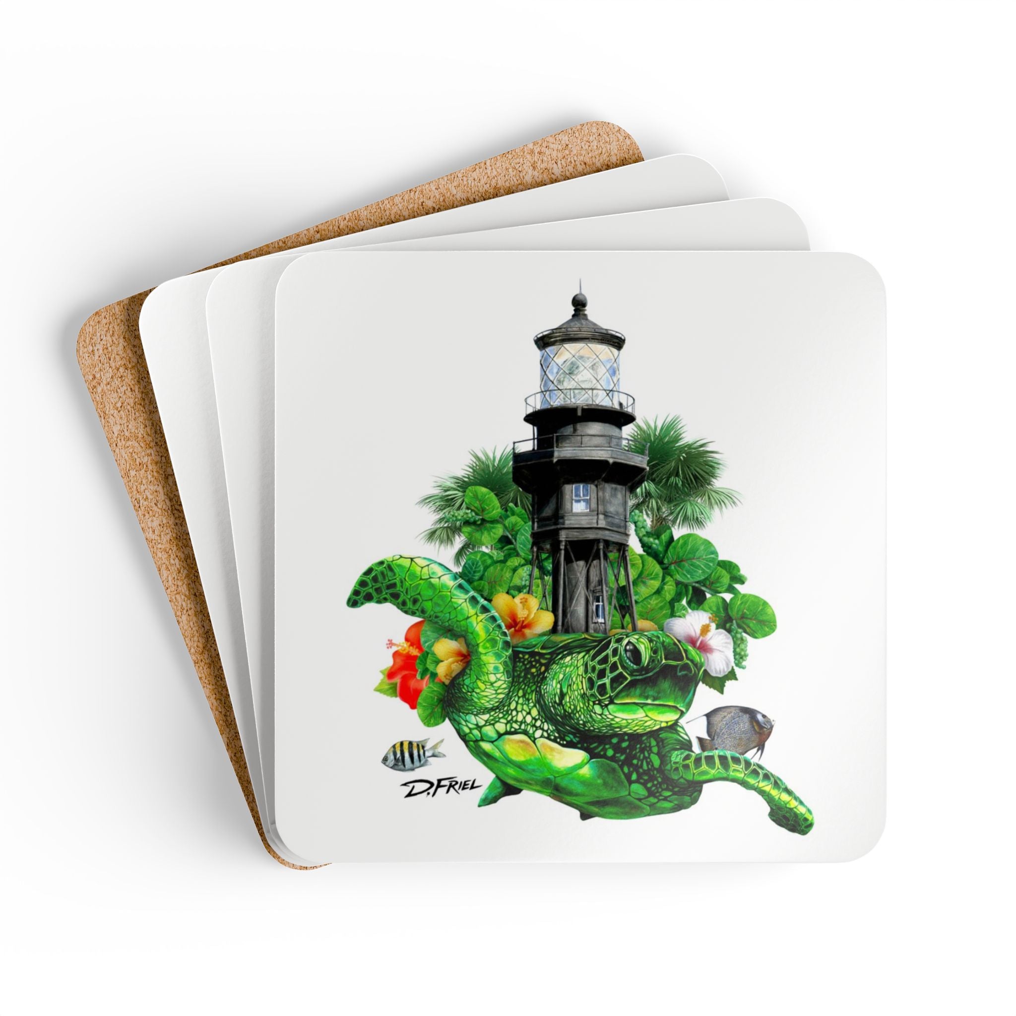 Hillsboro Lighthouse Turtle Cork Coasters — Set of 4 Drink Coasters