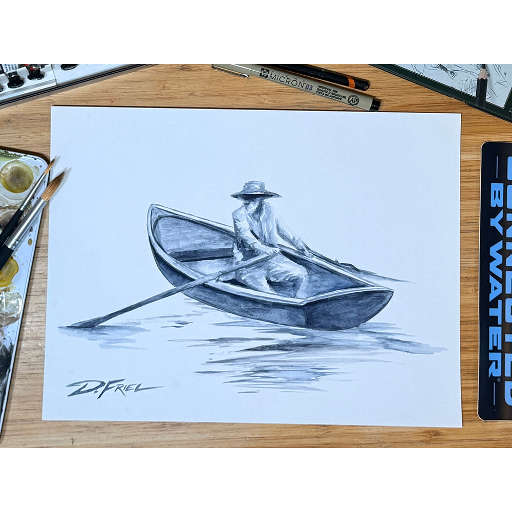 Original Watercolor Study Old Man + Boat Study. Signed! One of a kind + Ships Free