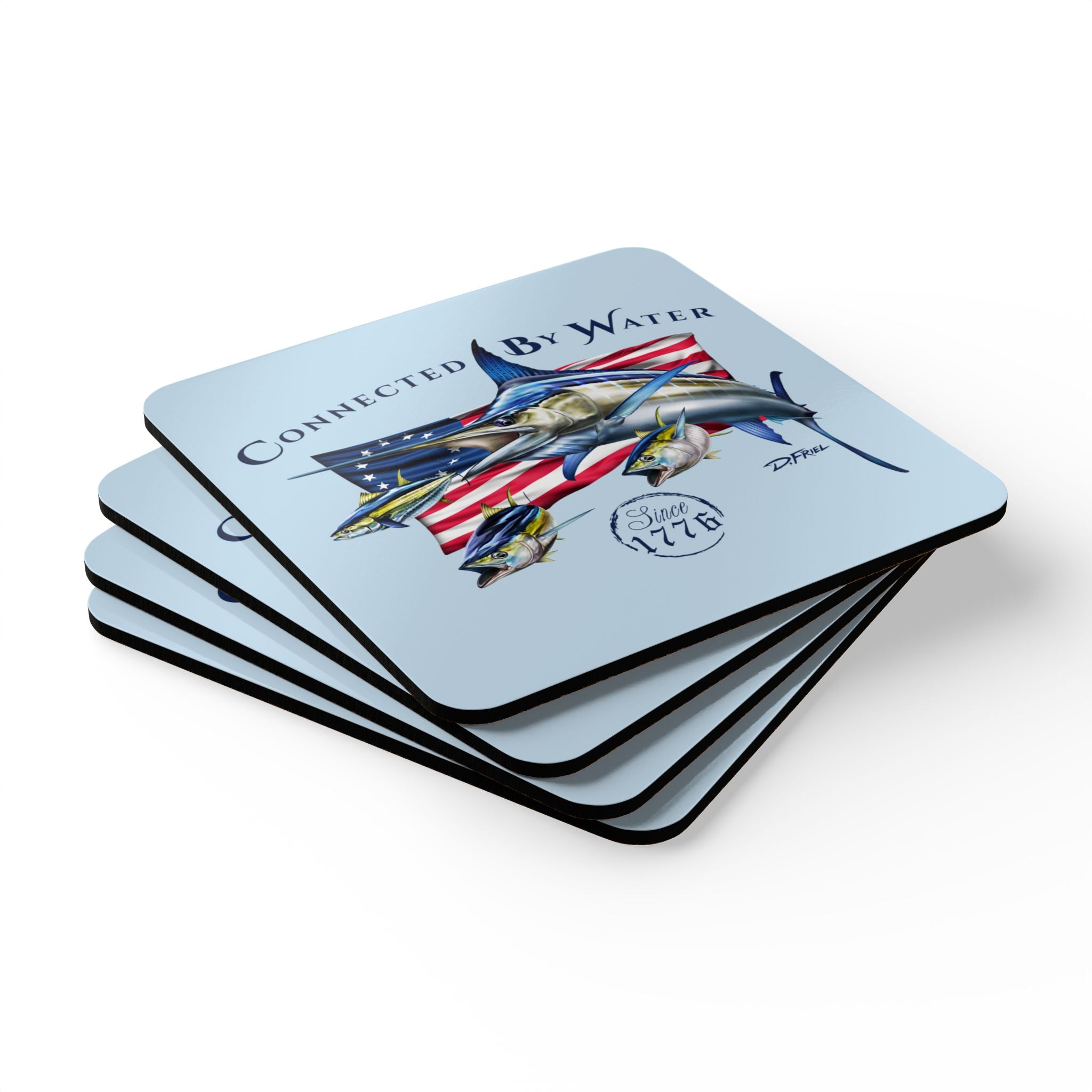 Heritage American Marlin + Tuna Cork Coasters — Set of 4 Drink Coasters in Reef Blue