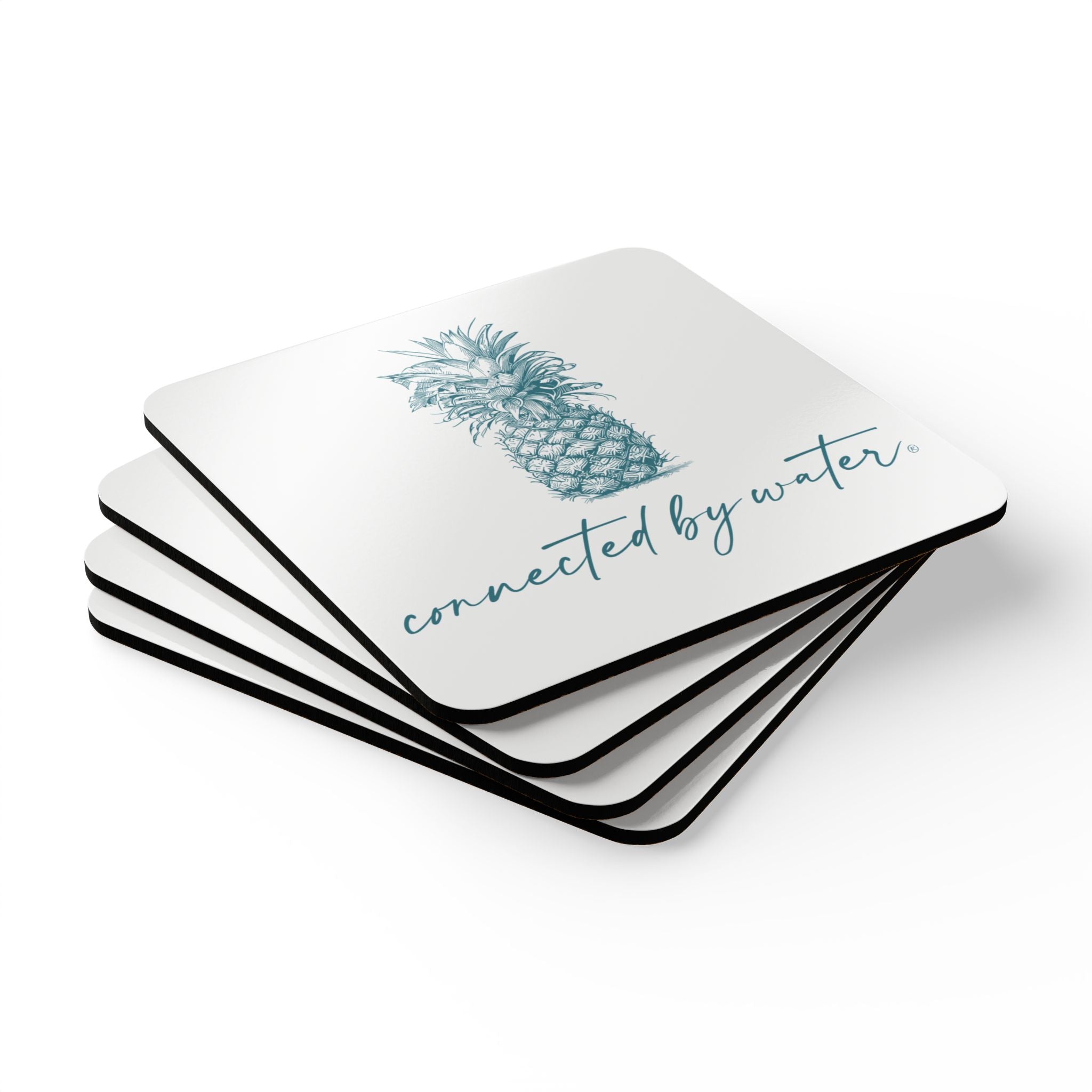Palm Beach Breezy Pineapple Cork Coasters — Set of 4 Drink Coasters in Reef Blue