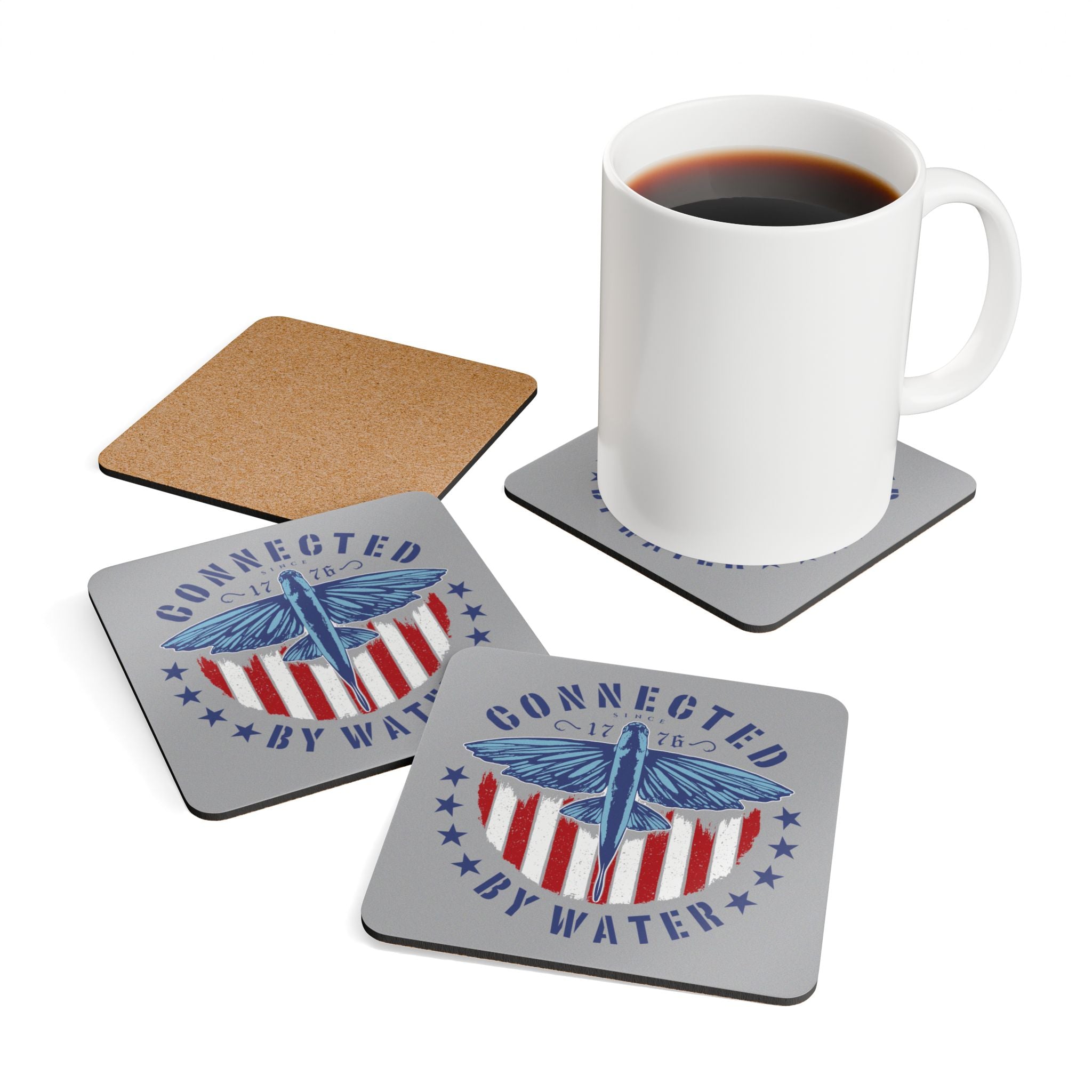 1776 Heritage American Flyer Cork Coasters — Set of 4 Drink Coasters in Reef Blue