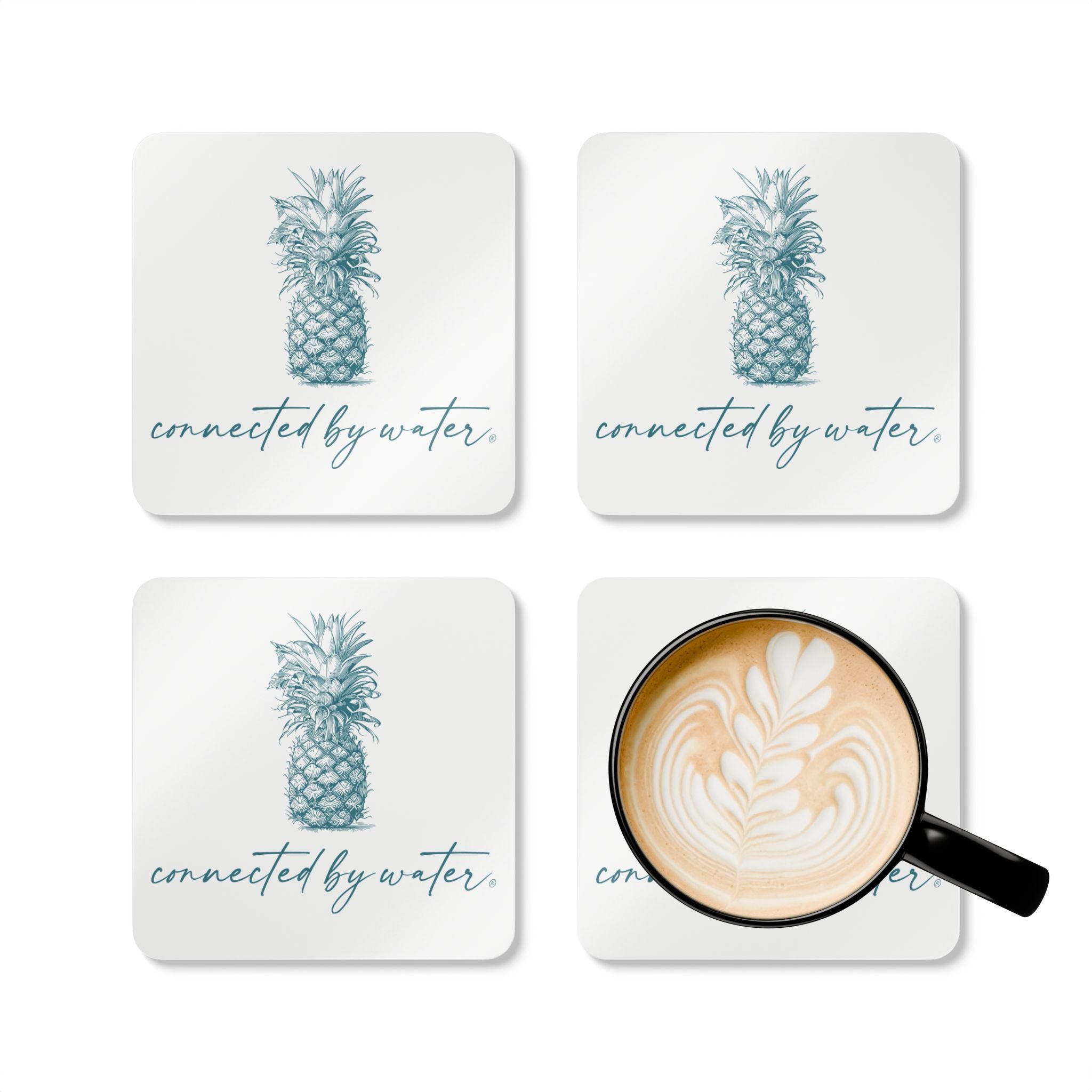 Palm Beach Breezy Pineapple Cork Coasters — Set of 4 Drink Coasters in Reef Blue