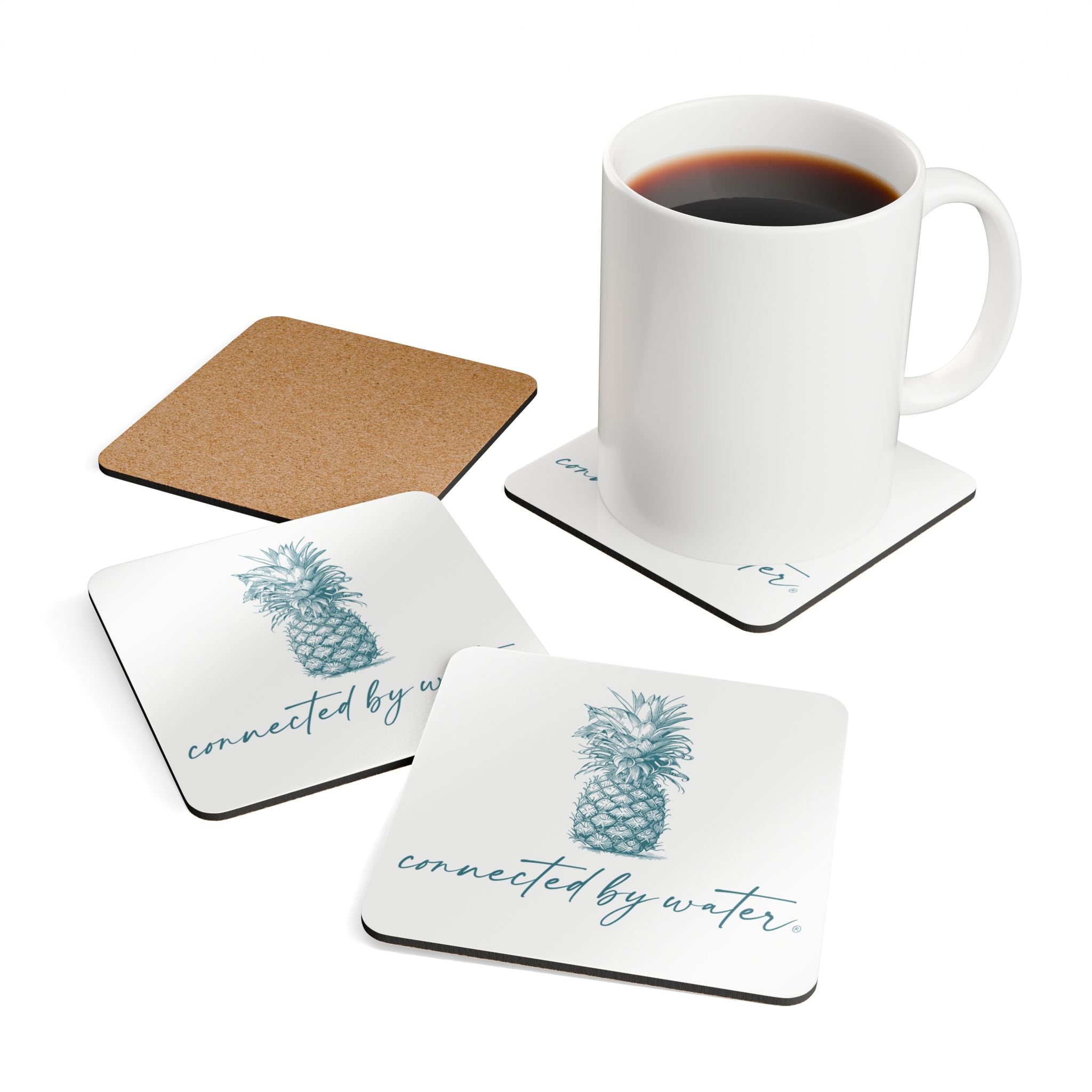 Palm Beach Breezy Pineapple Cork Coasters — Set of 4 Drink Coasters in Reef Blue